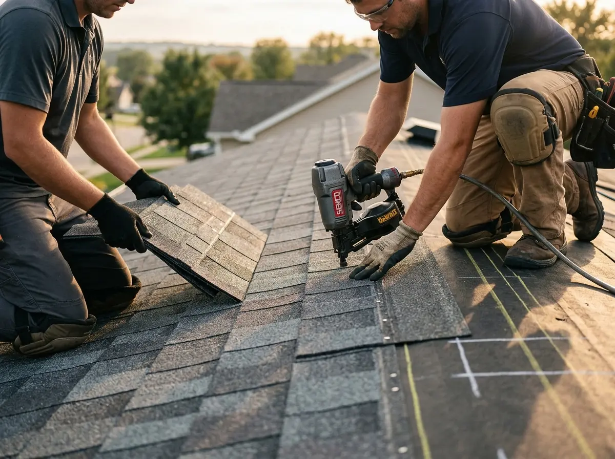 Professional roofer working on a residential roof in Pukalani
